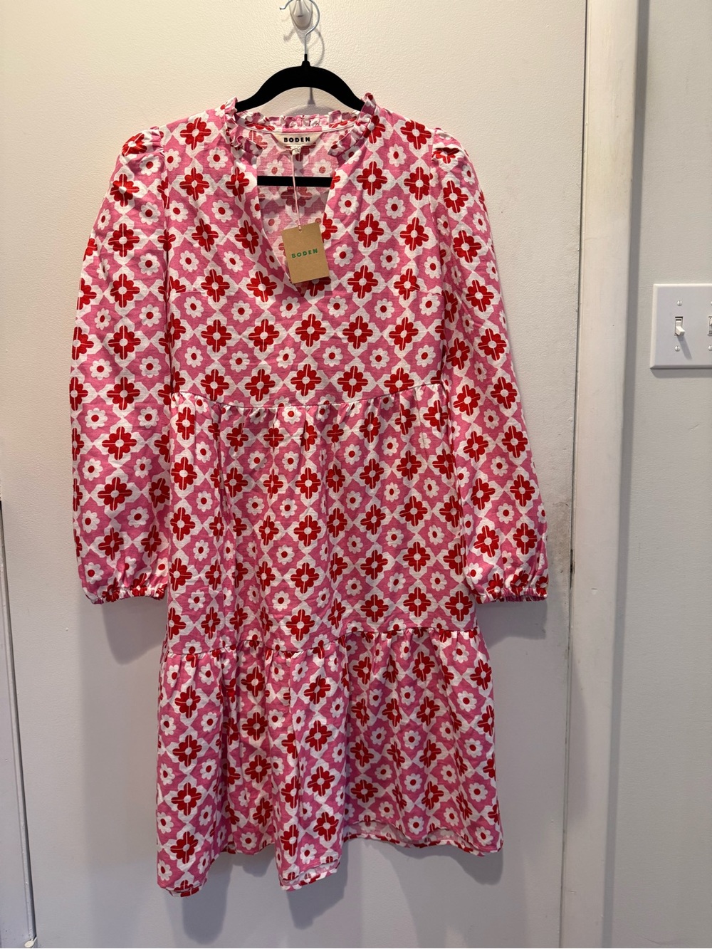 Boden Pink and Red Floral Tiered Mini Dress